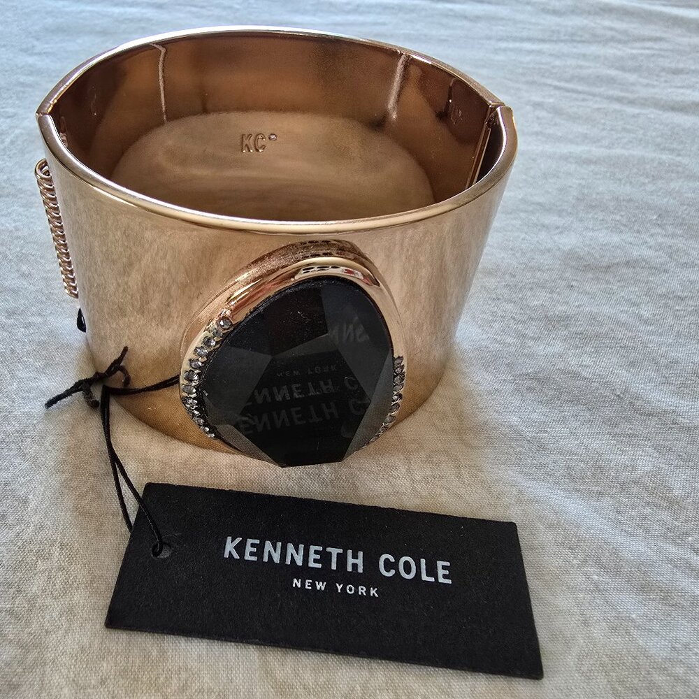 NWT Kenneth Cole New York Gold Toned Hinged Cuff Bracelet, Faceted Smokey Stone
